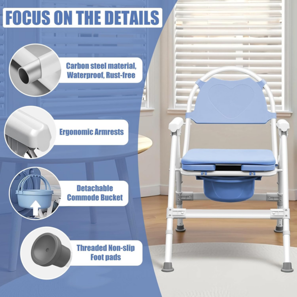 122d506c2988ff0b15a26310b16eea75.png 4 in 1 Folding Bedside Commode Chair for Seniors | Adjustable Height, Supports 360 Lbs, ABS Seat, Includes 30 PCS Cleaning Bag, with Arms & Back