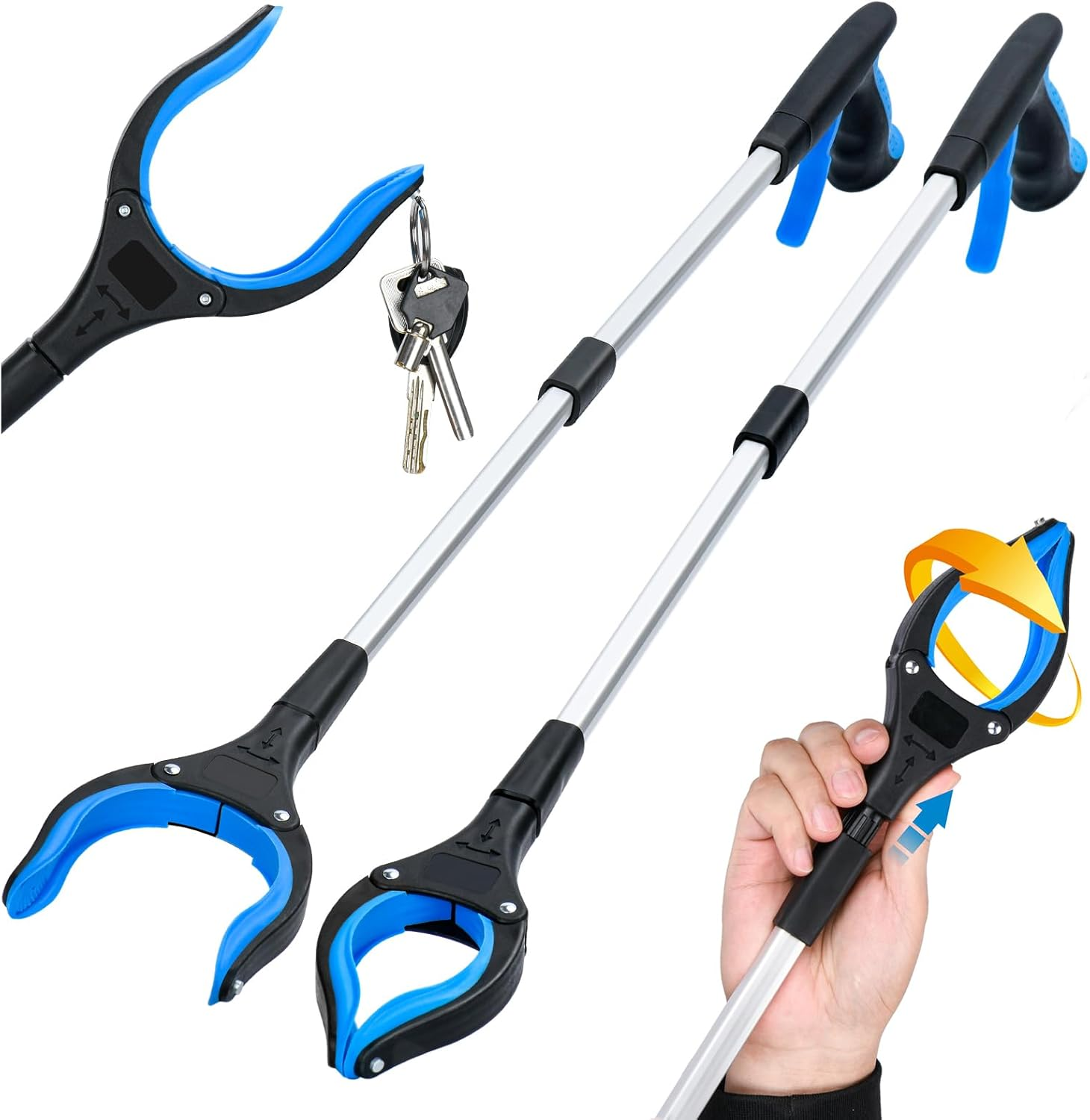 2-Pack Grabber Reacher Tool & Reacher Grabber Pickup Tool,32 Inch Upgrade Foldable Grabber Tool with 4 Inch Wide Jaw and 360° Rotating Head,Mobility Aid Assist Grabbers for Seniors (Blue)