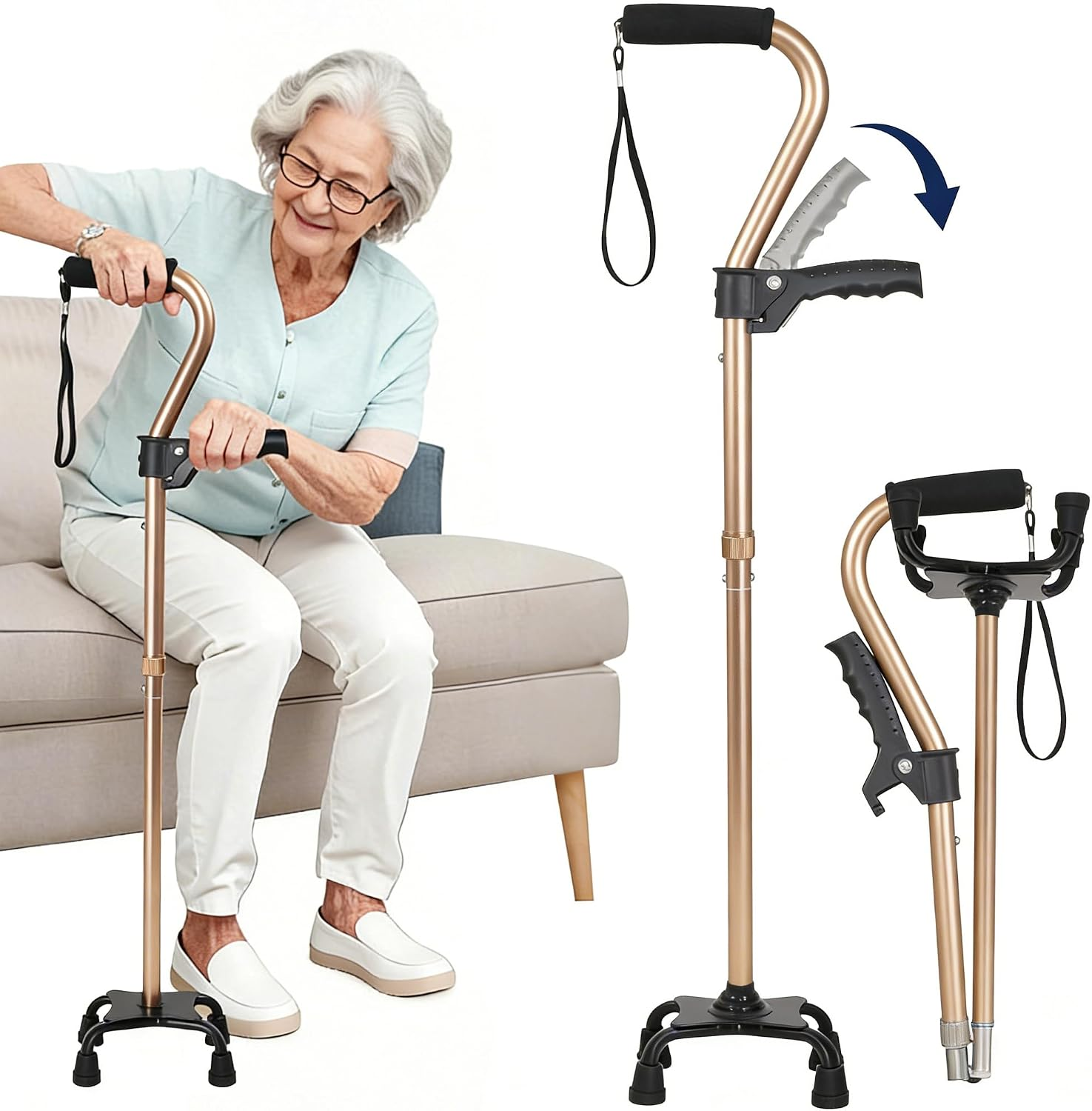 6 Gear Adjustable Quad Cane,Quad Cane Portable Stick Men & Women and Seniors,For Balance, Knee Injuries, Leg Surgery Recovery & Mobility