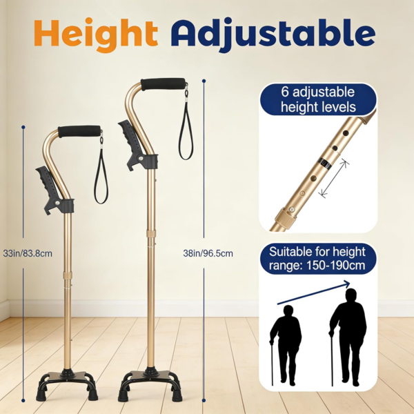 5a12c6cecfe9b7c03137417f36301e79.png 6 Gear Adjustable Quad Cane,Quad Cane Portable Stick Men & Women and Seniors,For Balance, Knee Injuries, Leg Surgery Recovery & Mobility