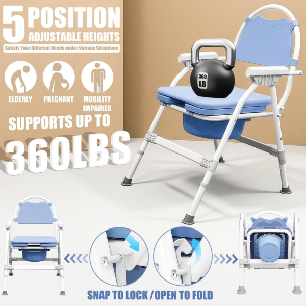 6b16b37601bc6c8f00d9d97e49fb32a3.png 4 in 1 Folding Bedside Commode Chair for Seniors | Adjustable Height, Supports 360 Lbs, ABS Seat, Includes 30 PCS Cleaning Bag, with Arms & Back