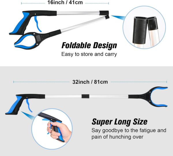 2-Pack Grabber Reacher Tool & Reacher Grabber Pickup Tool,32 Inch Upgrade Foldable Grabber Tool with 4 Inch Wide Jaw and 360° Rotating Head,Mobility Aid Assist Grabbers for Seniors (Blue)