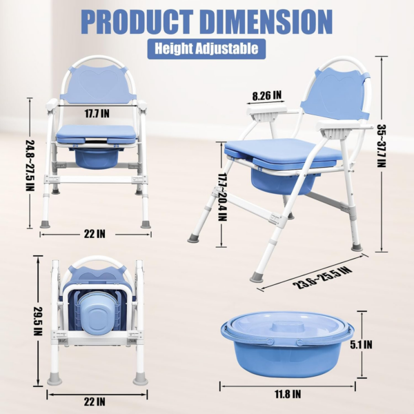 d2a79f5b1687744d9d2f32e280104d3c.png 4 in 1 Folding Bedside Commode Chair for Seniors | Adjustable Height, Supports 360 Lbs, ABS Seat, Includes 30 PCS Cleaning Bag, with Arms & Back