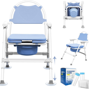 f7152743679397a256f3ac66d17f8b90.png 4 in 1 Folding Bedside Commode Chair for Seniors | Adjustable Height, Supports 360 Lbs, ABS Seat, Includes 30 PCS Cleaning Bag, with Arms & Back