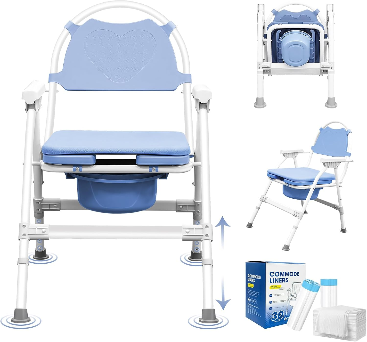 4 in 1 Folding Bedside Commode Chair for Seniors | Adjustable Height, Supports 360 Lbs, ABS Seat, Includes 30 PCS Cleaning Bag, with Arms & Back